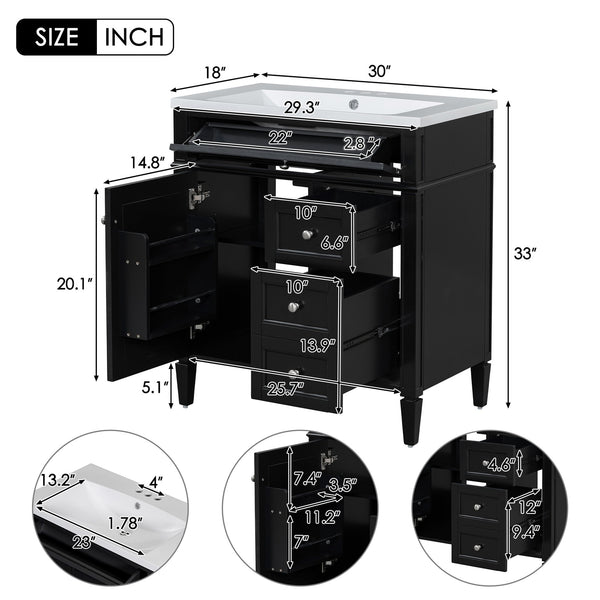 English Elm 30'' Modern Bathroom Vanity With Sink, Stylish Storage Cabinet & Tip-Out Drawer For Organized Elegance SW000122AAB-2