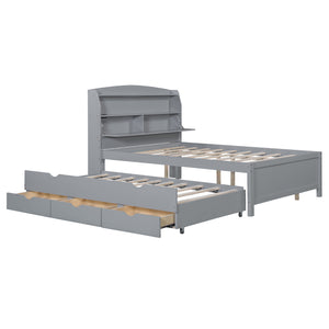 English Elm Full Size Wooden Led Platform Bed With Trundle, Storage Headboard & Usb Charging – Gray Finish N820S10009E