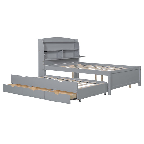 English Elm Full Size Wooden Led Platform Bed With Trundle, Storage Headboard & Usb Charging – Gray Finish N820S10009E