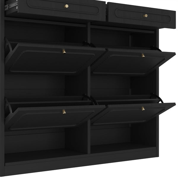 English Elm Wooden Farmhouse Entryway Shoe Cabinet with Six Drawers for Organized Hallway Storage Black W1580P402824