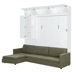 English Elm Queen Murphy Bed with L-shaped Velvet Sofa Storage Cabinets for Studio Living White LP000765AAG-1