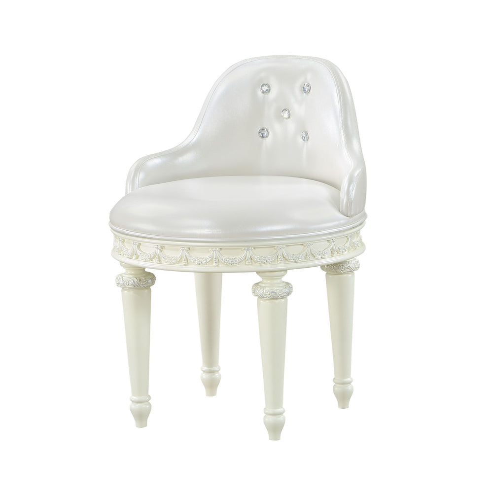 English Elm Dorothy Ivory Finish Vanity Chair with Swivel, Crystal Tufted PU Cushion, Ornate Wood Legs, 220lb Capacity B2726P290391