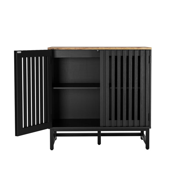 English Elm Cabinet Black Slatted Grille 6-Drawer Dresser, Modern MDF Sideboard with Metal Legs & Adjustable Shelves W578P193310