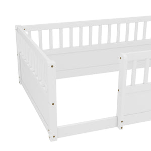 English Elm Twin Montessori Floor Bed Frame for Kids – Pine Playroom Bed with Fence for Reading & Imaginative Play White W1580P307878