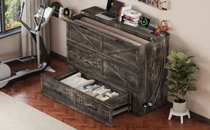 English Elm Queen Murphy Cabinet Bed Rustic Grey Farmhouse Style with Charging Station Storage W5271S00001
