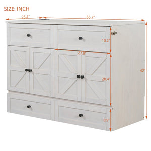 English Elm Full Size Murphy Bed Rattan Cabinet with Storage Drawers and Gold Hardware N708S00005AAK