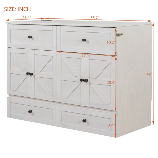 English Elm Full Size Murphy Bed Rattan Cabinet with Storage Drawers and Gold Hardware N708S00005AAK