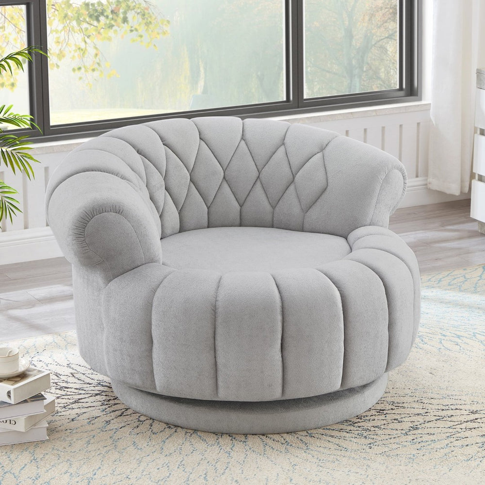 English Elm Swivel Barrel Accent Chair Chenille Tufted Round Club Seat for Living Room Lounge Grey N719S002280E