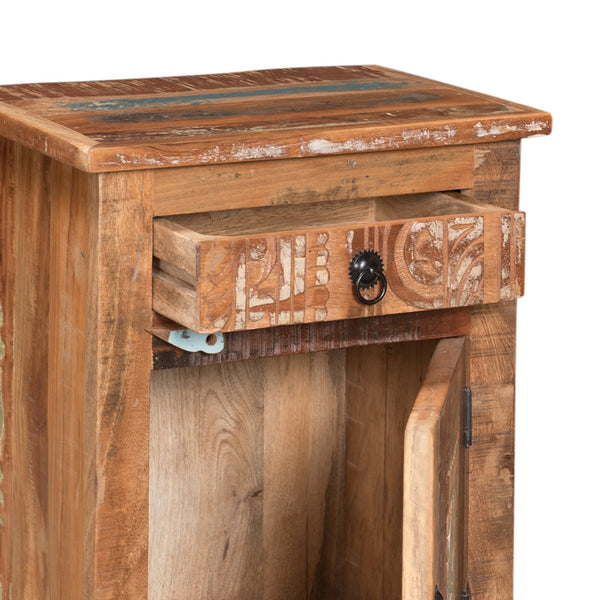 English Elm Christopher Knight Home® - CARVED Recycled Wood Side Table in Natural Finish with Distressed Paint, Drawer & Cabinet Storage 66416.00