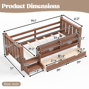 English Elm Twin Pine Floor Bed with Guardrails Built-in Bookcases and Stair Steps for Kids Natural W1580P430200