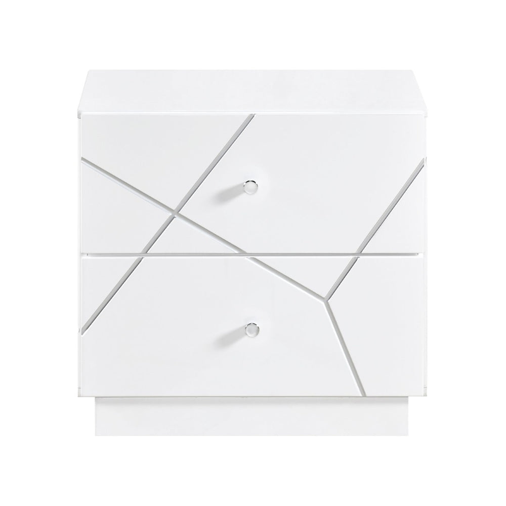 English Elm Glamorous White Wood Nightstand with Etched Geometric Drawers and Chrome Knobs B011P429133