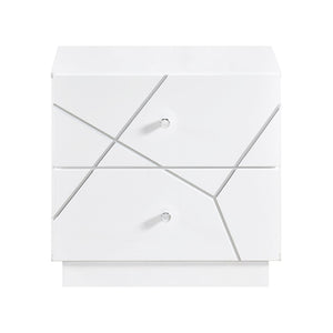 English Elm Glamorous White Wood Nightstand with Etched Geometric Drawers and Chrome Knobs B011P429133