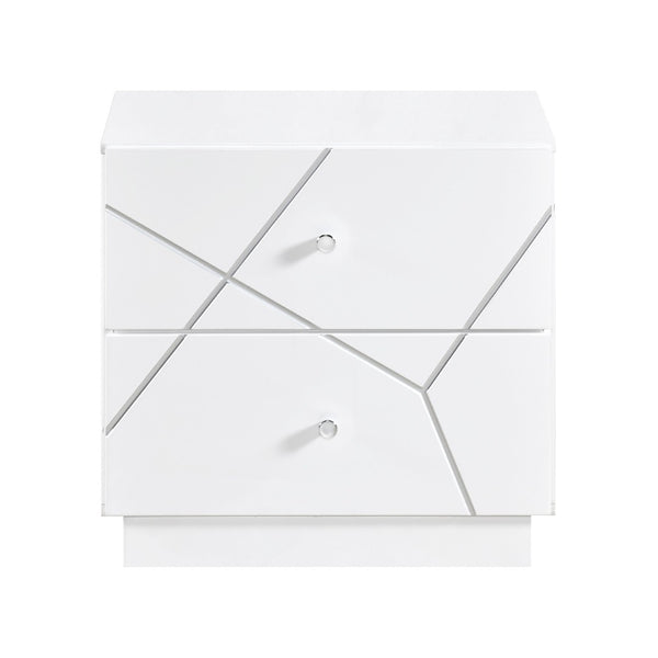 English Elm Glamorous White Wood Nightstand with Etched Geometric Drawers and Chrome Knobs B011P429133
