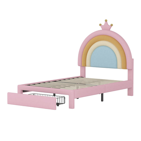 English Elm Twin Velvet Rainbow Bed with Storage Drawer — Pink Upholstered Platform, No Box Spring Needed, Cute N733P234606H