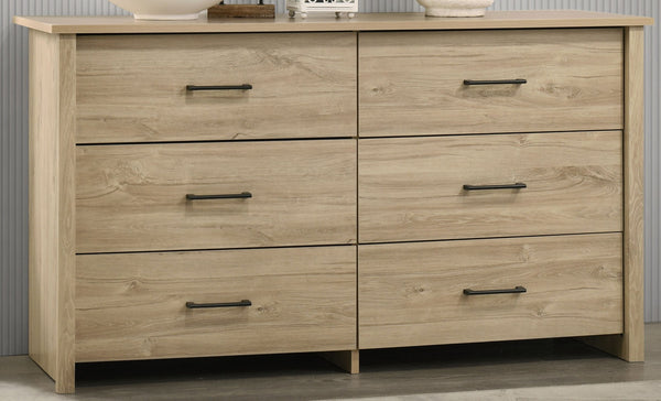 English Elm Seraphiel Six Drawer Wide Dresser Oak Tone Finish Matte Black Hardware Bedroom Storage Light Oak B2749P413335