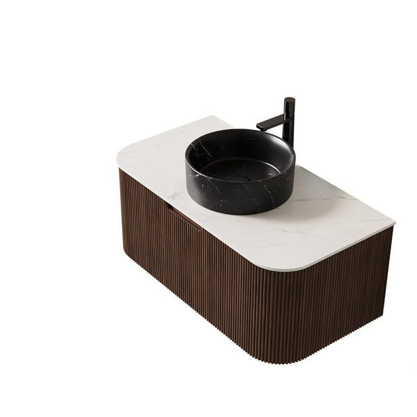 English Elm Dina Floating Bathroom Vanity Sintered Stone Top Glass Basin Striped Plywood Cabinet Black,Carrara White,Walnut W2615S00712