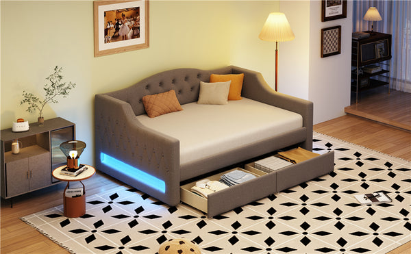English Elm Upholstered Twin XL Daybed with LED Belt and Two Underbed Drawers, Linen Backrest, Modern Storage Elegance Gray DL002060AAE