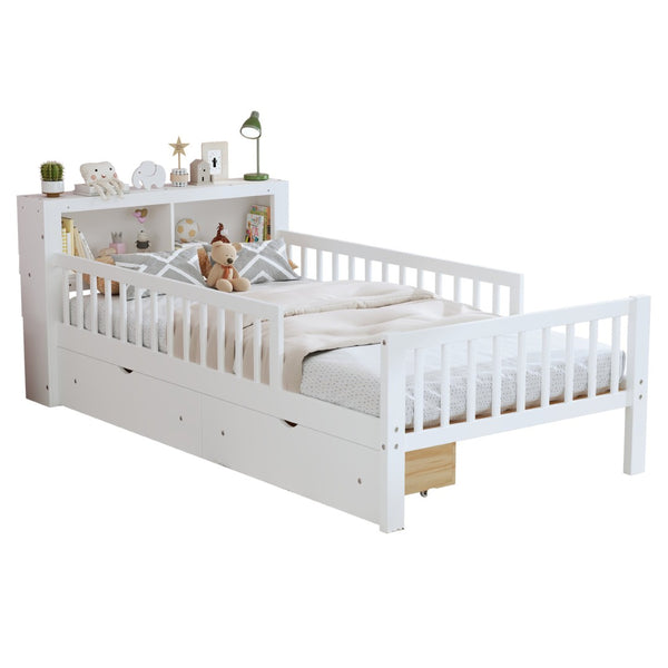 English Elm Twin Size Bed With Headboard Storage, Two Drawers, Safety Guardrails, And Stylish White Finish N733P272374K-GIGA