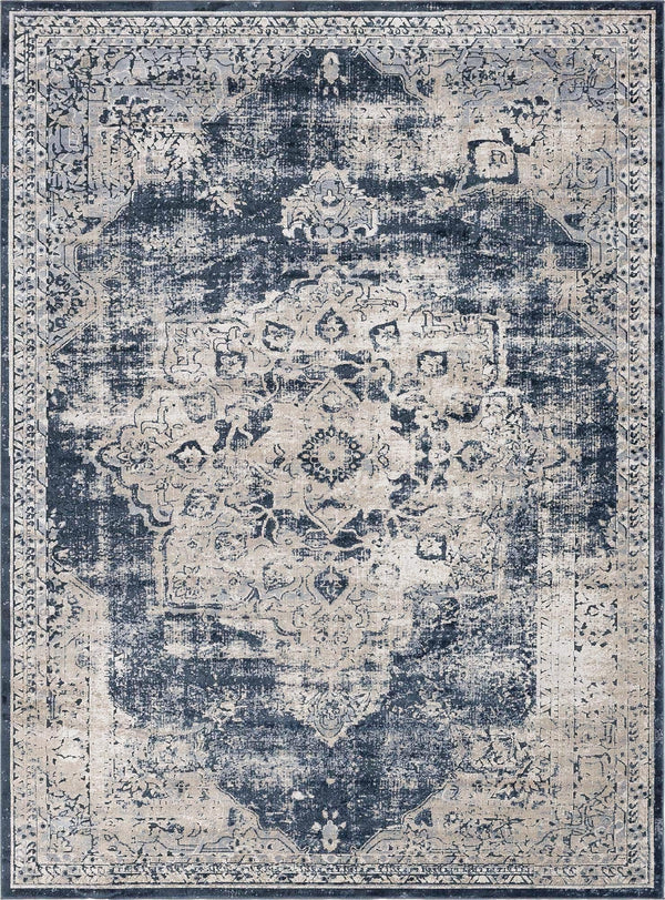 Unique Loom Chateau Roosevelt Machine Made Border Rug Navy Blue, Beige/Cream/Gray/Ivory 9' 0" x 12' 0"
