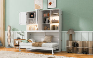 English Elm Twin Murphy Bed with Cabinet Shelves Built in Lighting Usb Ports Space Saving Wall Unit White LP000389AAK-1