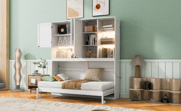 English Elm Twin Murphy Bed with Cabinet Shelves Built in Lighting Usb Ports Space Saving Wall Unit White LP000389AAK-1