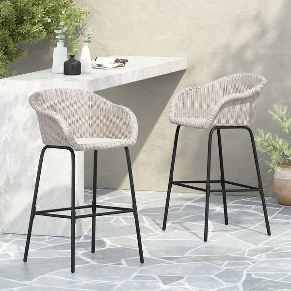 English Elm Christopher Knight Home® - Ladd Outdoor Metal Wicker Barstool Set of 2 — 29.5" Bar Height, Woven PE Rattan, Sturdy 400 lb Capacity Black,Light Gray N775P277558G