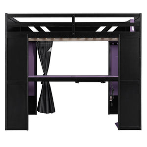 English Elm Full Size Loft Bed with Desk Blackout Curtains Rgb Lighting and Integrated Storage Purple+Black LT000377AAI