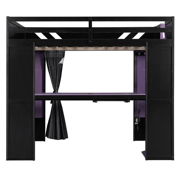 English Elm Full Size Loft Bed with Desk Blackout Curtains Rgb Lighting and Integrated Storage Purple+Black LT000377AAI