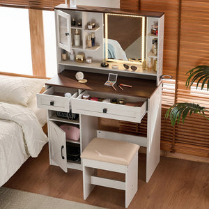 English Elm Farmhouse Makeup Vanity Desk with Lighted Mirror, Built-In Charging Station, Ample Storage and Stool White N844P291652M