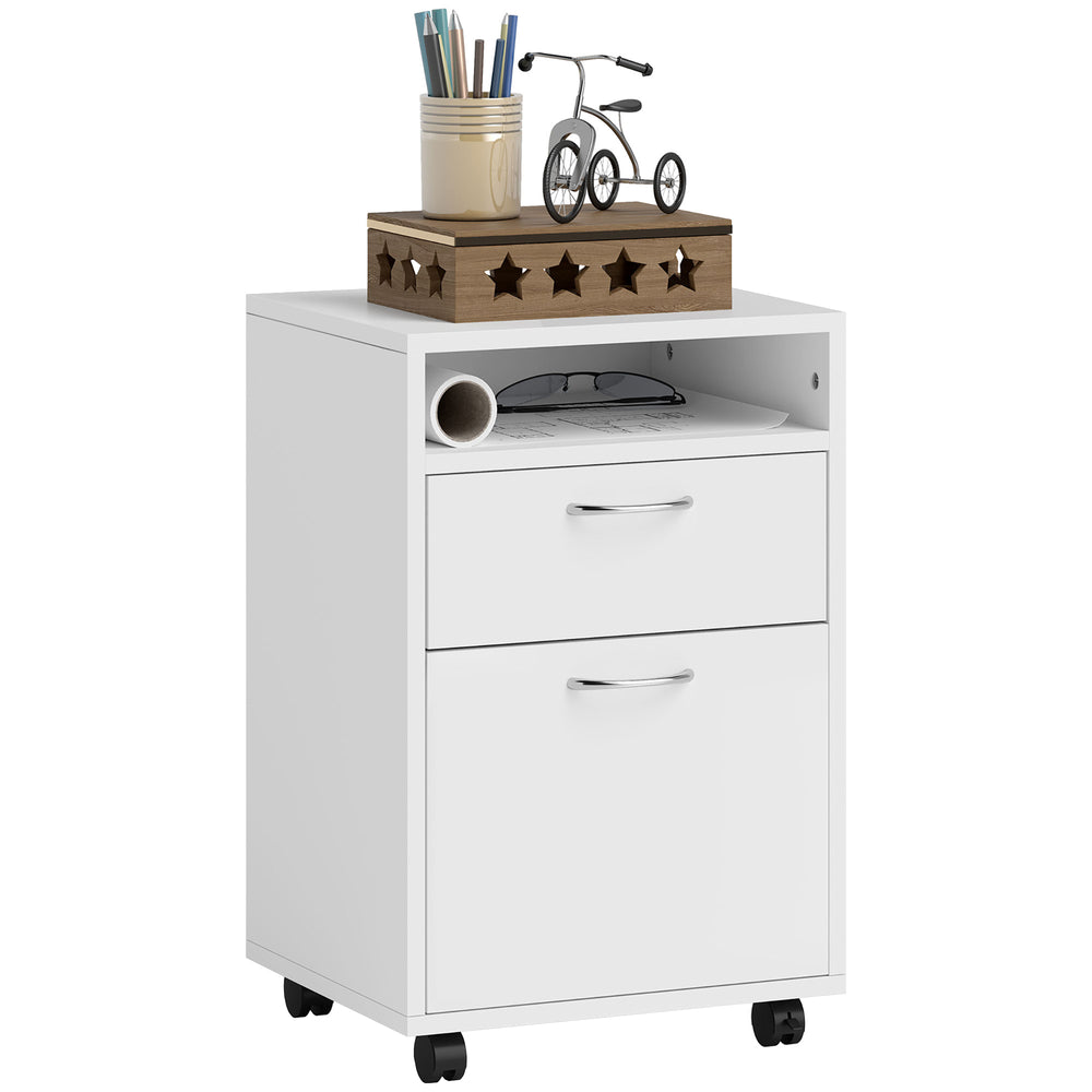 English Elm Mobile Rolling Under Desk Cabinet with Open Shelf Drawer and Locking Wheels for Office T3971P384637