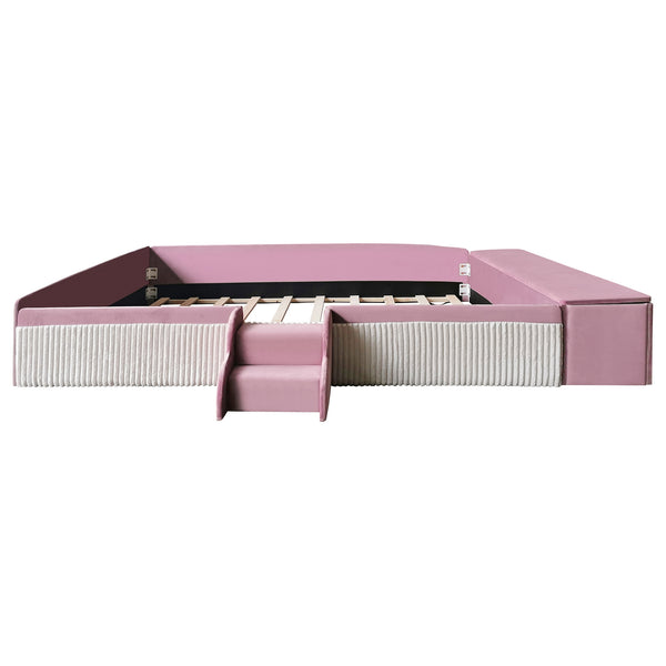 English Elm Full Size Kids Velvet Platform Daybed with Storage Ottoman Staircase Padded Rails Pink+White SF000202AAH