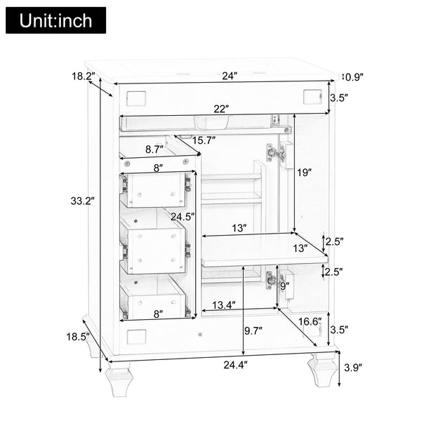 English Elm 24 Inch Freestanding Bathroom Vanity Solid Rubberwood Ceramic Sink Matte Finish Storage White N725P375626K