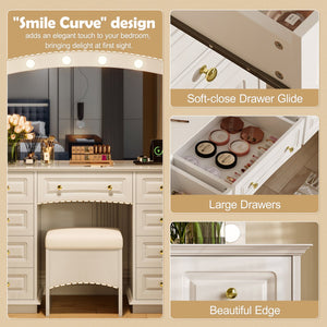 English Elm <old Sku Hollywood Vanity with 10 Bulbs 9 Drawers Cushioned Stool White Glam Bedroom N704G202308A