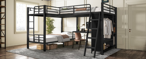 English Elm L-shaped Triple Bunk Bed with Desk Wardrobe Metal Frame for Teen Shared Rooms W5305S00003