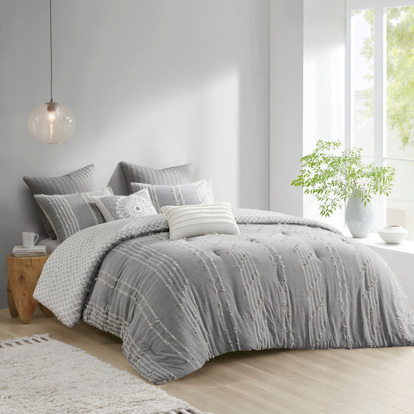 English Elm 3 INK+IVY Kara Cotton Jacquard Comforter Set Full/Queen – OEKO-TEX, reversible gray ivory, duvet-style finish, machine washable, 3-piece B03596432