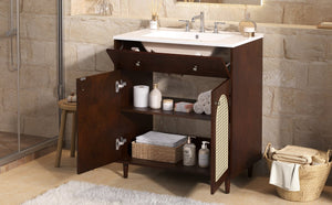 English Elm 30" Rattan Front Bathroom Vanity Solid Pine Cabinet with Ceramic Sink and Adjustable Shelf Walnut N710P293988P