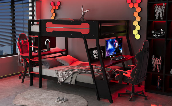 English Elm Full Size Gaming Bunk Bed with Dual Desks Usb Charging Ports and Pegboard Storage Red LT000274AAR