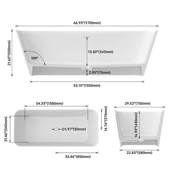 English Elm 67 Inch Freestanding Soaking Tub Eco Stone Resin Matte Finish Spa Bath Retreat T3785P353971