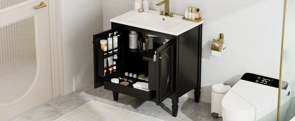 English Elm Christopher Knight Home® - 30" Bathroom Vanity with Sink Vintage Freestanding Ceramic Top Soft-Close Doors Gold Knobs, Storage Black N759P226000B