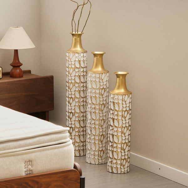 English Elm Floor Antique White Gold Metal Vases Set of 3 (32/28/24") — Tall Decorative Centerpieces for Entryway W2796P193594
