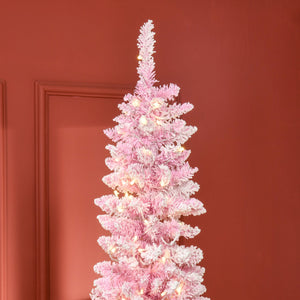 English Elm Homcom Snow Flocked Pink Pencil Christmas Tree Warm Led Lights Slim Festive Decor W2225P229399