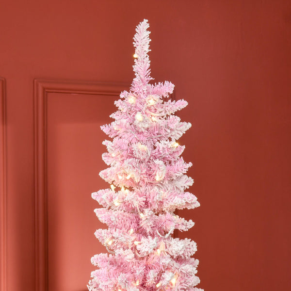 English Elm Homcom Snow Flocked Pink Pencil Christmas Tree Warm Led Lights Slim Festive Decor W2225P229399
