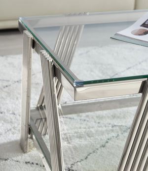 English Elm 47" Wide Modern Stainless Steel Coffee Table With Clear Glass Top & Storage, Easy Assembly, Silver W2978S00003