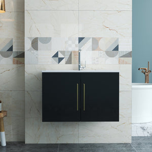 English Elm 30-Inch Black Gloss Wall-Mounted Bathroom Vanity With Soft-Close Doors & Gold Handle For Modern Style W3151S00051