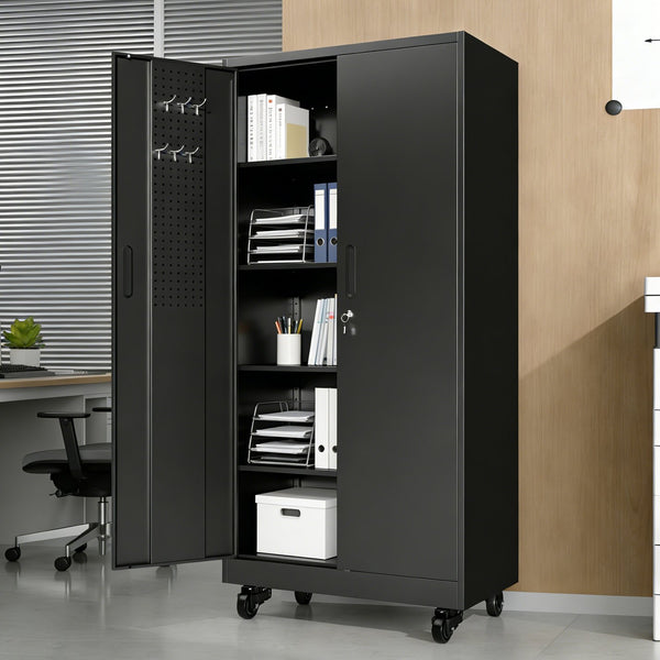 English Elm Heavy Steel Garage Cabinet with Pegboard Doors Locking Wheels and Adjustable Shelving T2398P465997
