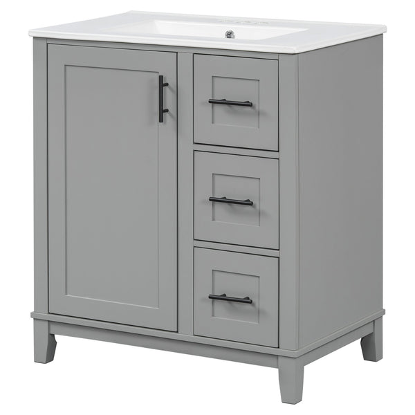 English Elm 30-inch Modern Bathroom Vanity with Ceramic Basin, Rubberwood Frame, Soft-Close Drawers & Organized Storage Grey N729P290689E
