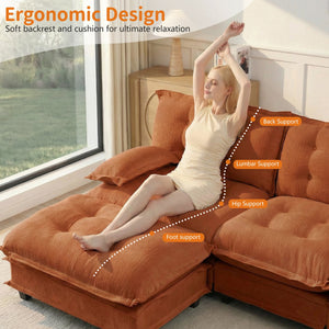 English Elm 77" Chenille Cloud Sofa Modular Sectional with Ottomans Deep Seat Lattice Cushions Orange W714S01736