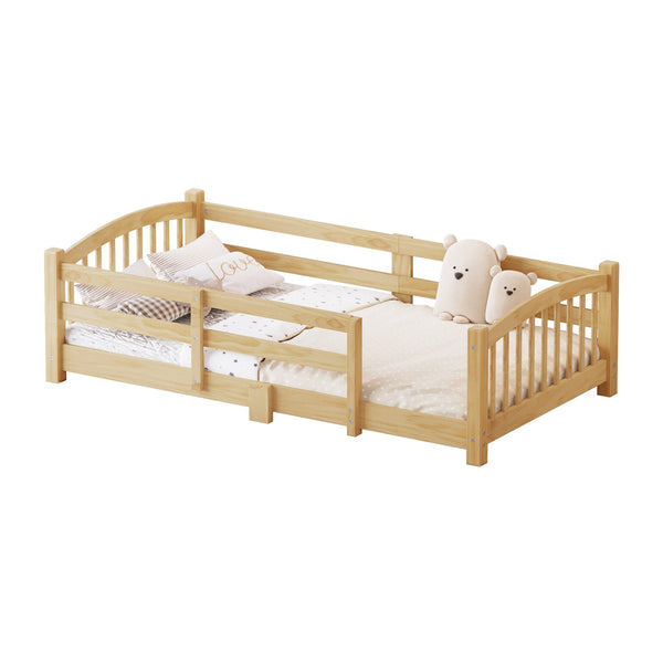 English Elm Twin Montessori Floor Bed Solid Pine Frame with Safety Guardrails for Kids Bedroom Natural N733P400298N