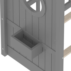 English Elm Twin House Floor Bed for Kids Montessori Playhouse with Roof, Built-In Shelf, Sturdy Pine Frame, Safeologna Gray 78.6 L x 16.6 W x 6.85 H N733P335064E