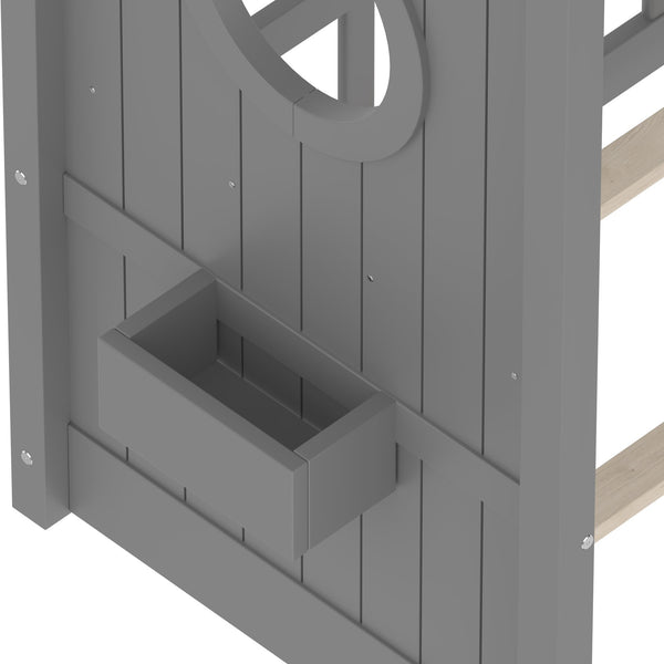 English Elm Twin House Floor Bed for Kids Montessori Playhouse with Roof, Built-In Shelf, Sturdy Pine Frame, Safeologna Gray 78.6 L x 16.6 W x 6.85 H N733P335064E